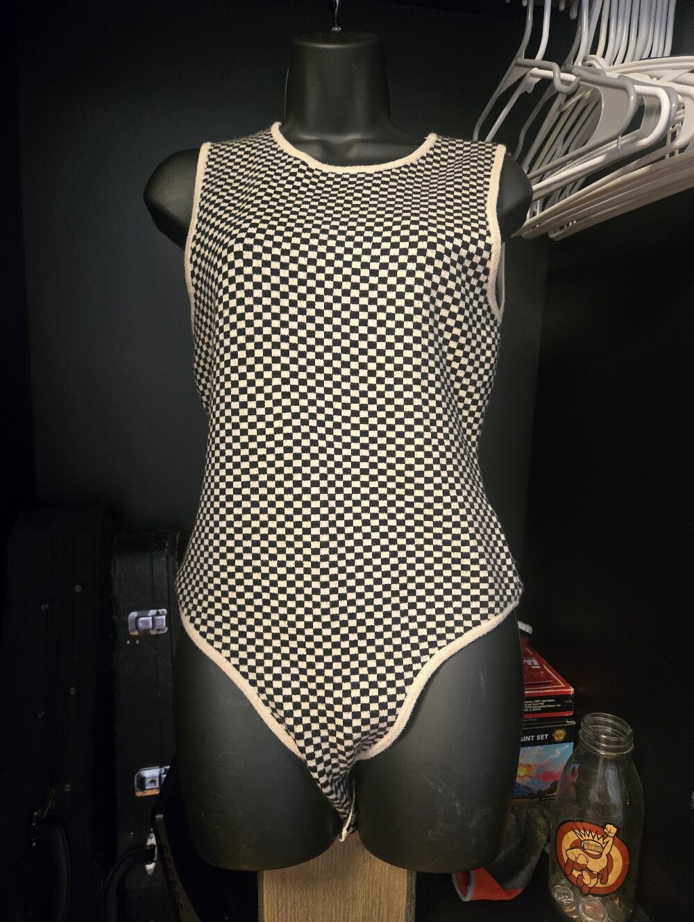 4th & Reckless Checkered Knit Sleeveless Bodysuit Cream Black Medium